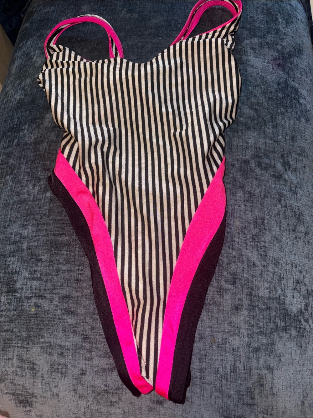 Vintage 90s One-Piece Swimsuit Mystic Bay Sport Sz 9/10 Stripped Hi Cut Bathing